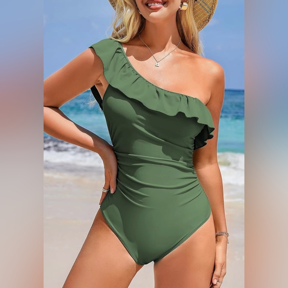DOKOTOO Women’s Olive Green One Shoulder One Piece Swimsuit Ruffle NWT 2X